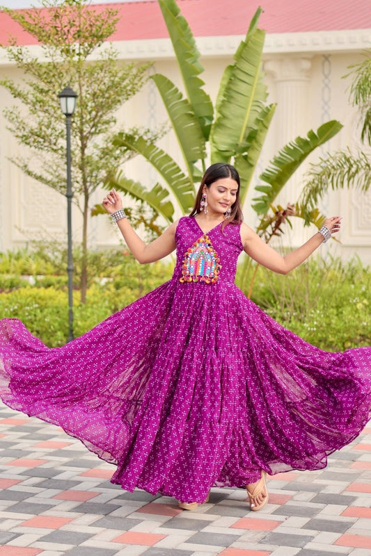 Purple Foux Georgette Embroidery Thread Work with real mirror & Readyment lece Gown