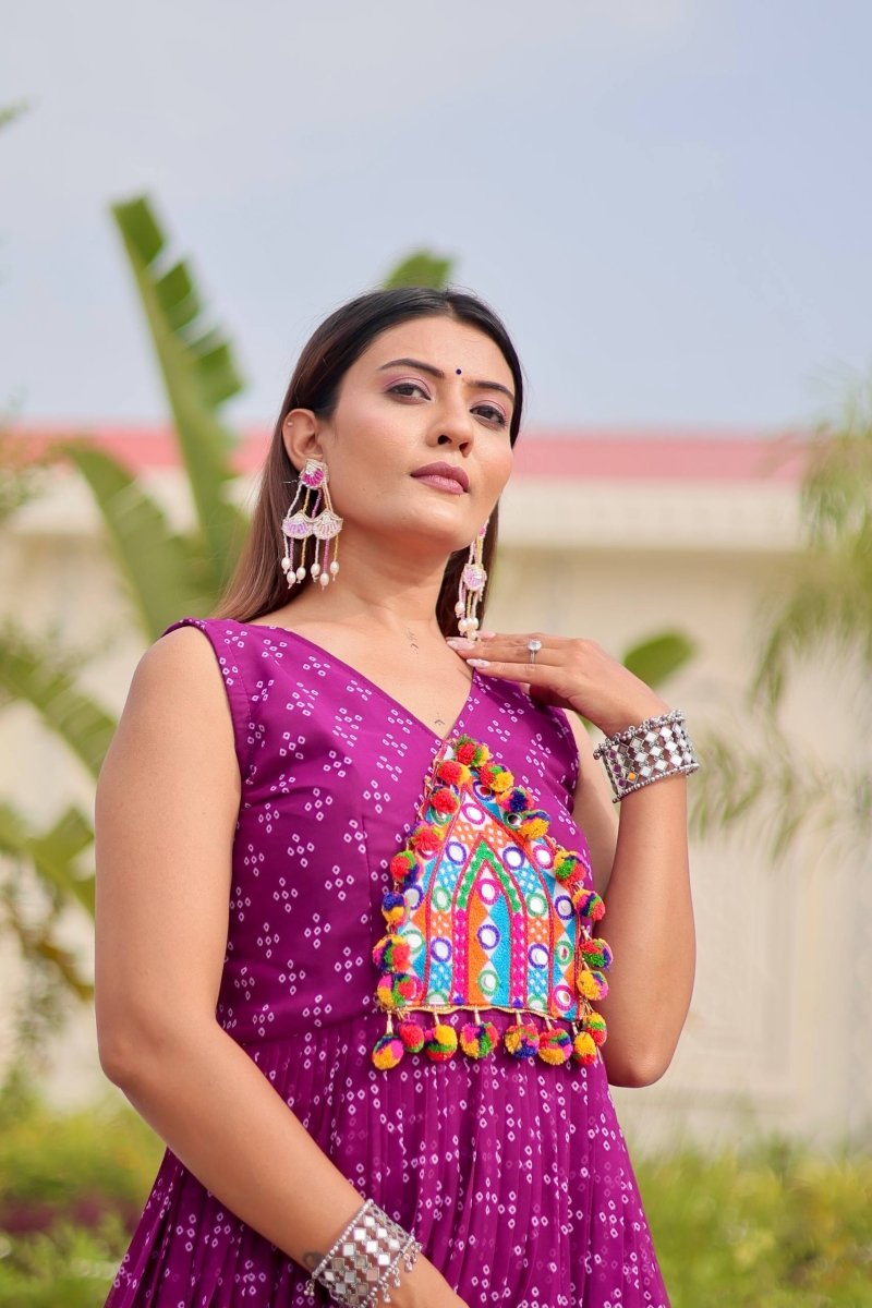 Purple Foux Georgette Embroidery Thread Work with real mirror & Readyment lece Gown