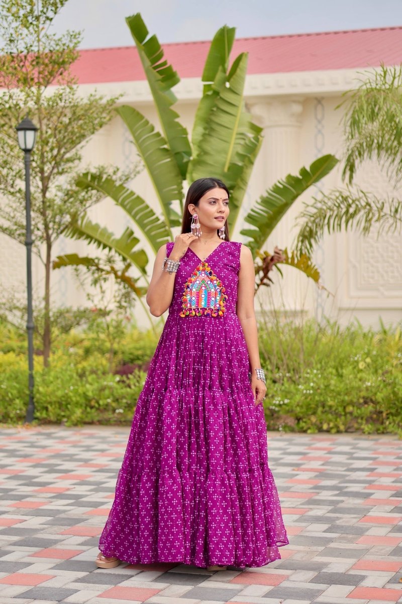Purple Foux Georgette Embroidery Thread Work with real mirror & Readyment lece Gown