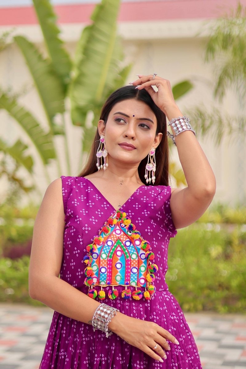 Purple Foux Georgette Embroidery Thread Work with real mirror & Readyment lece Gown