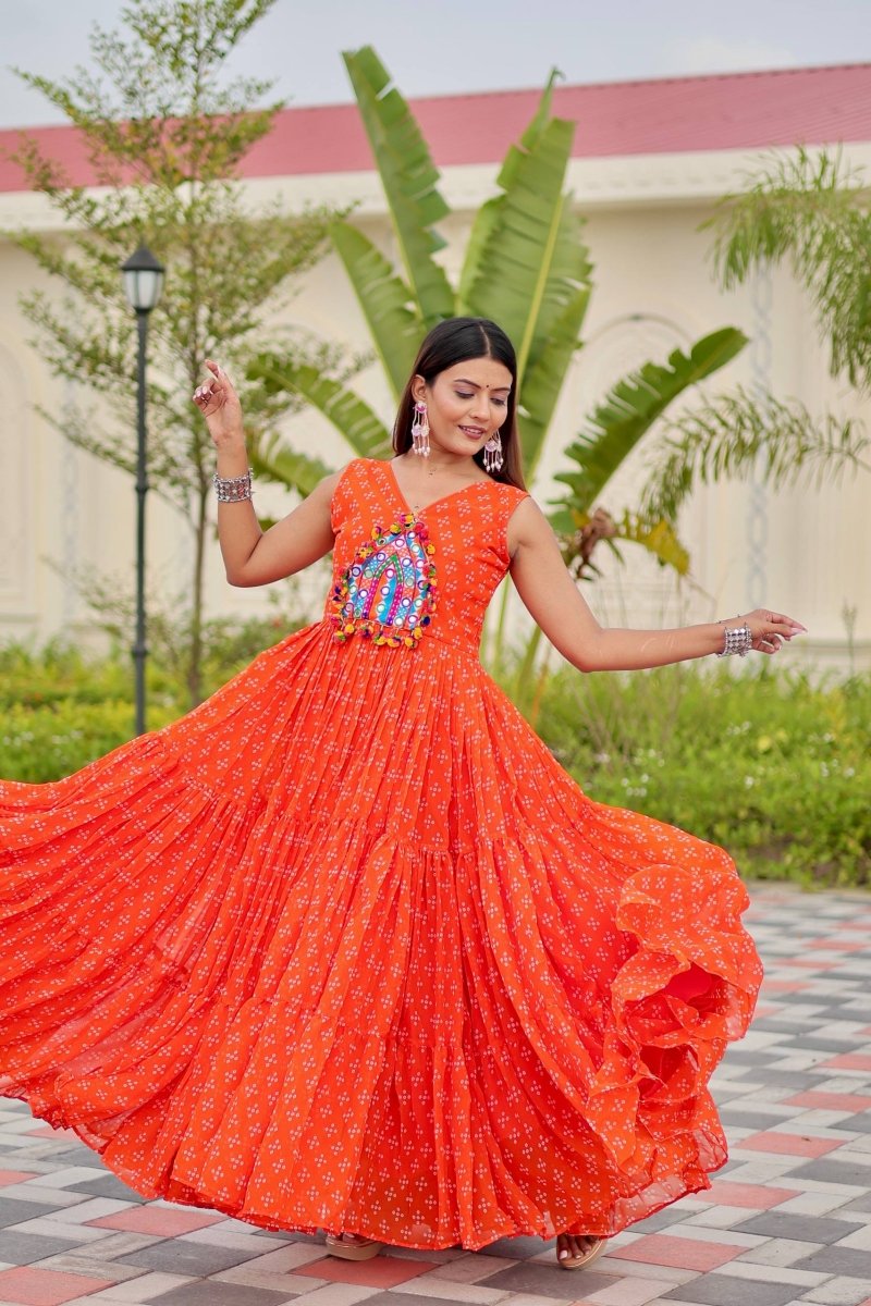 Orange Foux Georgette Embroidery Thread Work with real mirror & Readyment lece Gown