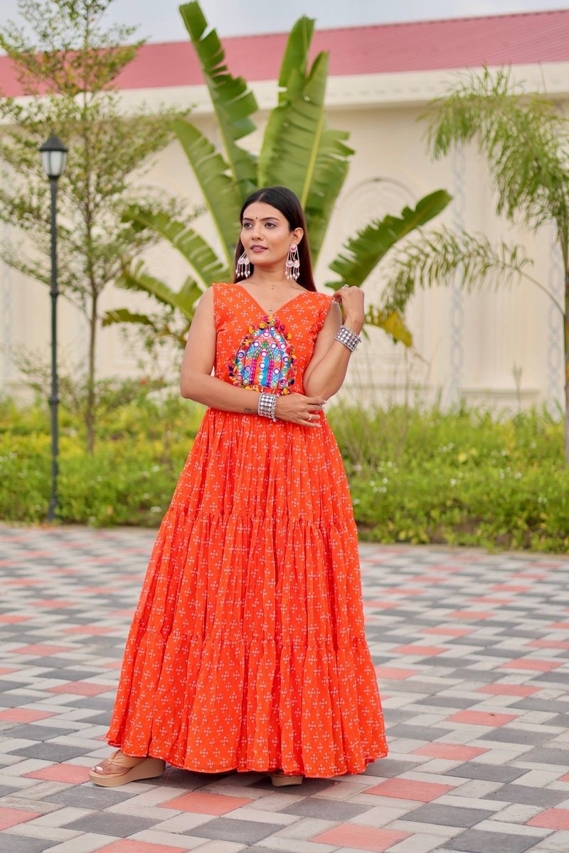 Orange Foux Georgette Embroidery Thread Work with real mirror & Readyment lece Gown