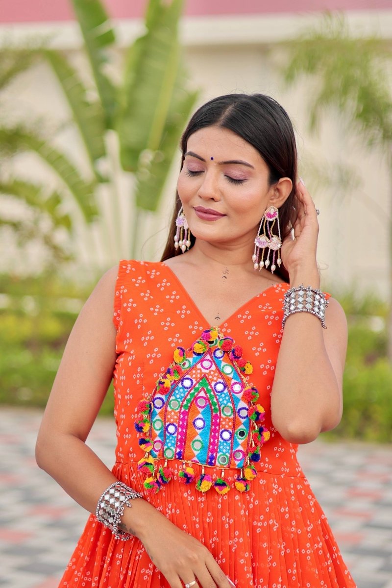 Orange Foux Georgette Embroidery Thread Work with real mirror & Readyment lece Gown