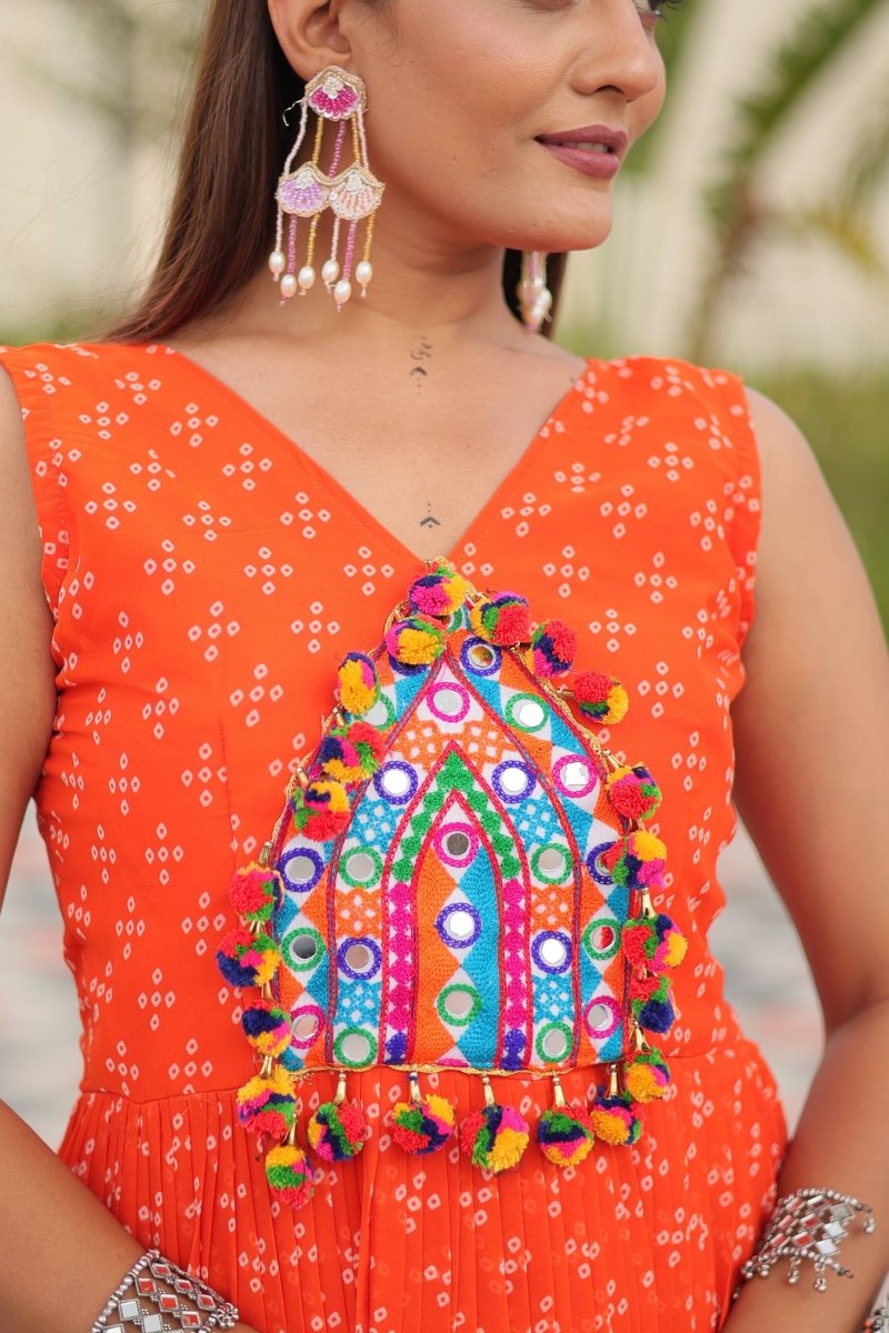 Orange Foux Georgette Embroidery Thread Work with real mirror & Readyment lece Gown