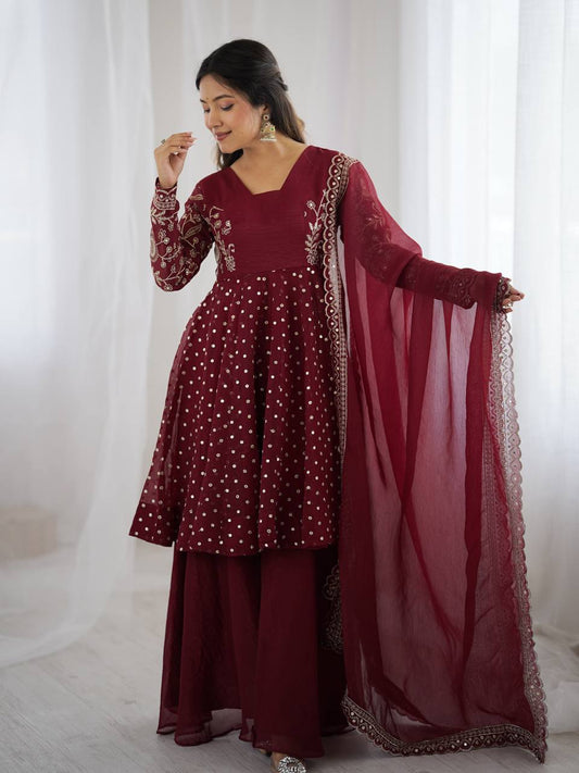 Crunchy Silk Embroidery Sequence Sharara set