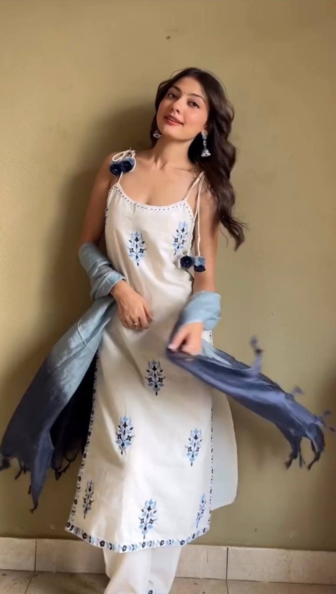 Pure Natural Crepe With Embroidery Work Sleeveless Suit Set