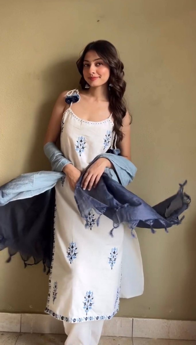 Pure Natural Crepe With Embroidery Work Sleeveless Suit Set