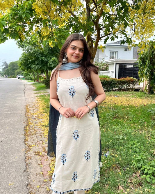 Pure Natural Crepe With Embroidery Work Sleeveless Suit Set