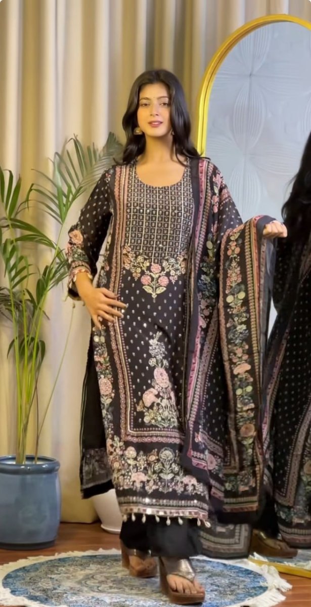 Digital Print With Heavy Mirror Work A Line Kurta Set