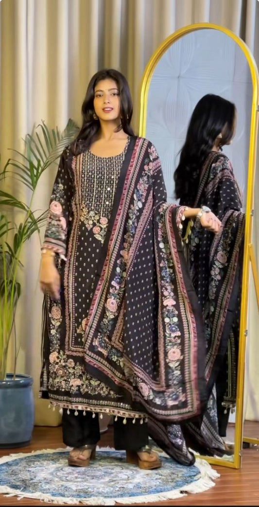 Digital Print With Heavy Mirror Work A Line Kurta Set