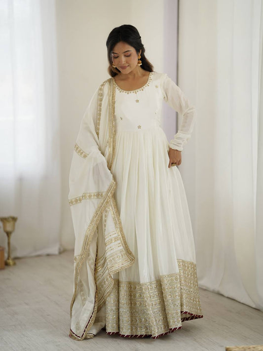 Chinnon Silk White Anarkali