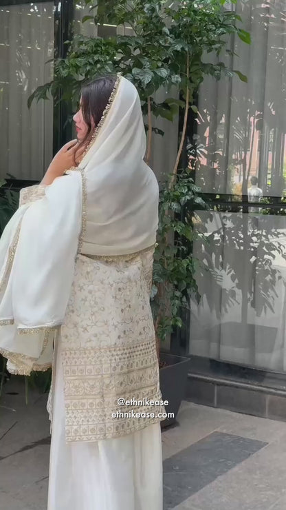 Pure Chinon Silk White and Golden Sharara Set