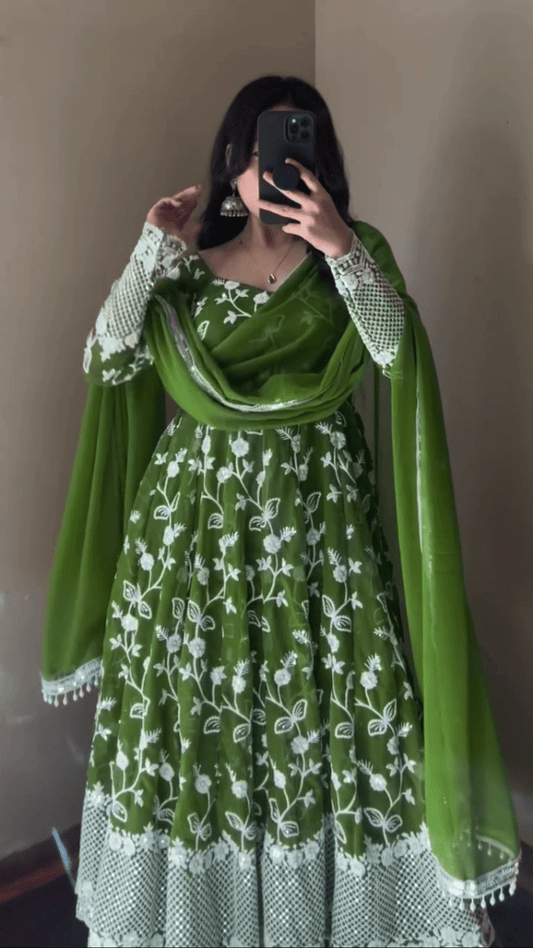 Green Heavy Embroidery Anarkali